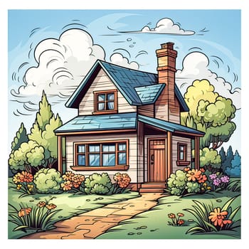 A charming house in a summer forest, surrounded by lush greenery a serene illustration of nature's vibrant embrace