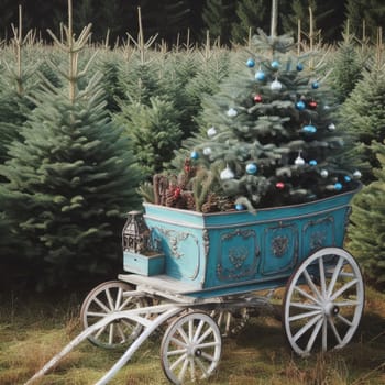 German Tradition: Families Choosing Christmas Trees on a Blue Carriage at Fir Plantation.