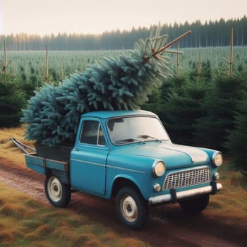 German Tradition: Families Choosing Christmas Trees on a Blue Carriage at Fir Plantation.