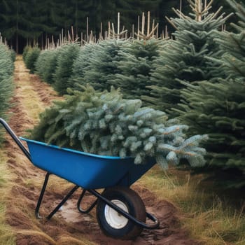 German Tradition: Families Choosing Christmas Trees on a Blue Carriage at Fir Plantation.