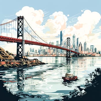 Golden Gate Bridge in watercolor A vibrant masterpiece capturing the iconic San Francisco landmark, blending artistry with architectural majesty.