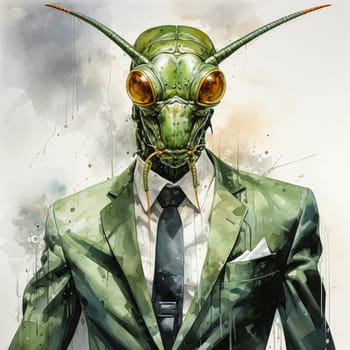 A business watercolor grasshopper in an elegant suit is a whimsical combination of the business world and natural charm, depicted with artistic flair.