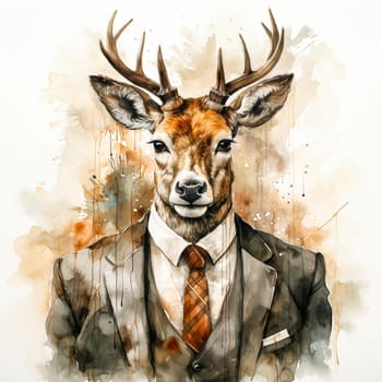 A business watercolor deer in an elegant suit is a whimsical combination of the business world and natural charm, depicted with artistic flair.