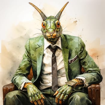 A business watercolor grasshopper in an elegant suit is a whimsical combination of the business world and natural charm, depicted with artistic flair.