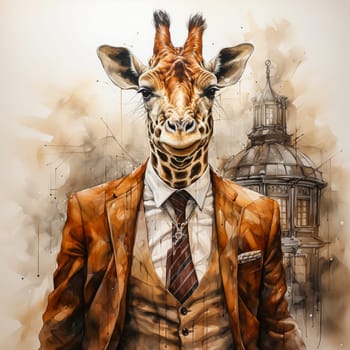 A business watercolor giraffe in an elegant suit is a whimsical combination of the business world and natural charm, depicted with artistic flair.
