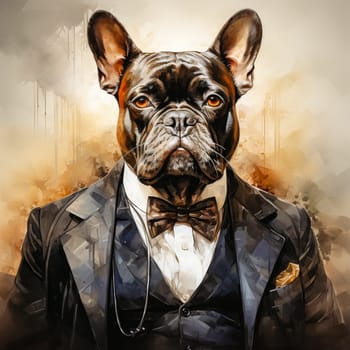 A business watercolor of a dog in an elegant suit is a whimsical combination of the business world and natural charm, depicted with artistic flair.