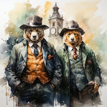 Business watercolor Bears in elegant suits are a whimsical combination of the business world and forest charm, depicted with artistic flair.