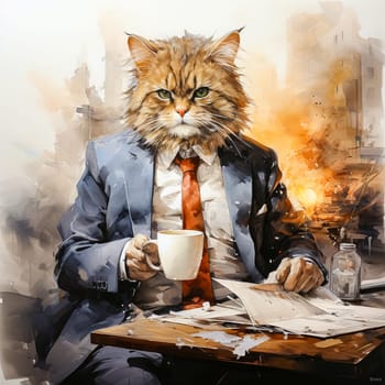 A business watercolor cat in an elegant suit is a whimsical combination of the business world and natural charm, depicted with artistic flair.