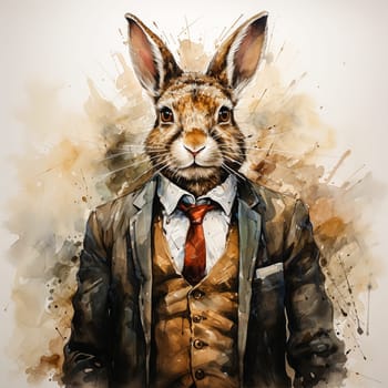 A business watercolor bunny in an elegant suit is a whimsical combination of the business world and natural charm, depicted with artistic flair.