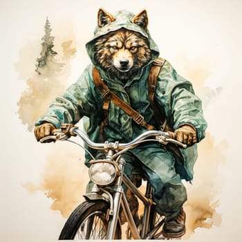 Watercolor adventure unfolds A wolf on a motorcycle, a thrilling blend of nature and machine, capturing the wild spirit of the open road in vivid hues