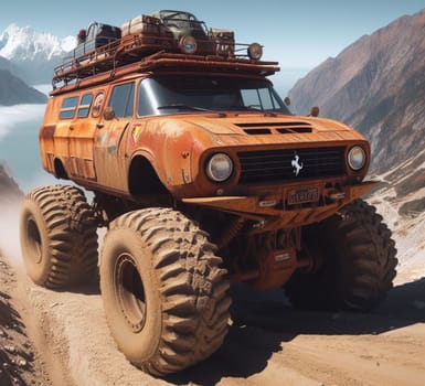 rusty dirt offroad 4x4 lifted vintage custom camper conversion jeep overlanding in mountain roads, nomadic lifestyle, adventure living, ai generated