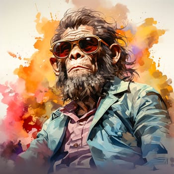 A business watercolor of a monkey in an elegant suit is a whimsical combination of the business world and natural charm, depicted with artistic flair.