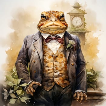 Business watercolor toad in elegant suits is a whimsical combination of the business world and swamp charm, depicted with artistic flair.