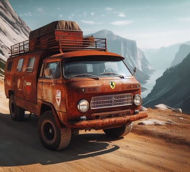 rusty dirt offroad 4x4 lifted vintage custom camper conversion jeep overlanding in mountain roads, nomadic lifestyle, adventure living, ai generated