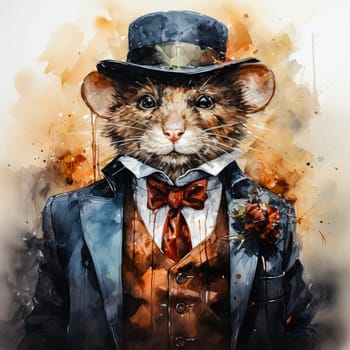 A business watercolor of a mouse in an elegant suit is a whimsical combination of the business world and natural charm, depicted with artistic flair.