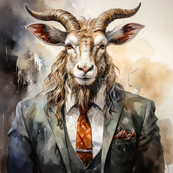 Business watercolors of a racing goat in elegant suits are a whimsical combination of the business world and natural charm, depicted with artistic flair.