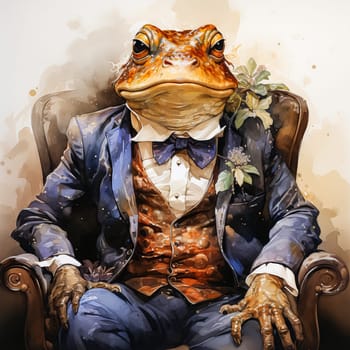 Business watercolor toad in elegant suits is a whimsical combination of the business world and swamp charm, depicted with artistic flair.