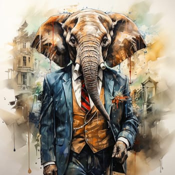 A business watercolor elephant in an elegant suit is a whimsical combination of the business world and natural charm, depicted with artistic flair.