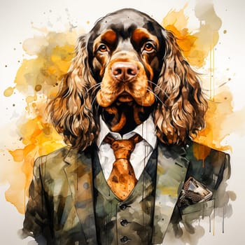 A business watercolor of a dog in an elegant suit is a whimsical combination of the business world and natural charm, depicted with artistic flair.