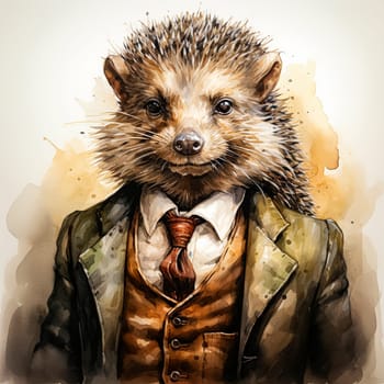 A business watercolor of a hedgehog in an elegant suit is a whimsical combination of the business world and natural charm, depicted with artistic flair.