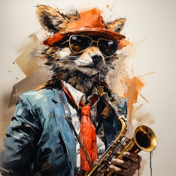 The fox playing the saxophone is a charming depiction of musical harmony and the playful spirit of nature in vibrant colors.