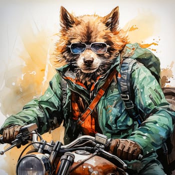 Watercolor adventure unfolds A wolf on a motorcycle, a thrilling blend of nature and machine, capturing the wild spirit of the open road in vivid hues