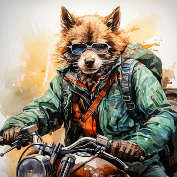 Watercolor adventure unfolds A wolf on a motorcycle, a thrilling blend of nature and machine, capturing the wild spirit of the open road in vivid hues