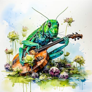 The grasshopper plays the violin a charming depiction of musical harmony and the playful spirit of nature in bright colors.