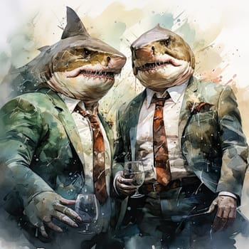 Business watercolor Sharks in elegant suits are a whimsical combination of the business world and nautical charm, depicted with artistic flair.