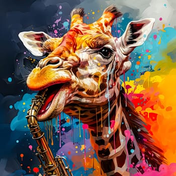 The giraffe playing the saxophone is a charming depiction of musical harmony and the playful spirit of nature in vibrant colors.
