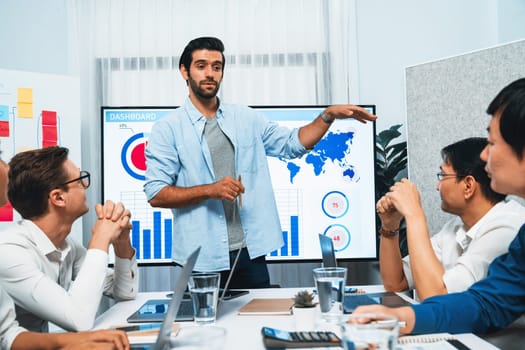 Analyst team utilizing BI Fintech to analyze financial data at table in meeting room. Businesspeople analyzing BI dashboard power for business insight and strategic marketing planning. Prudent