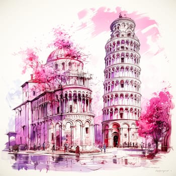 Leaning Tower of Pisa in watercolor A picturesque portrayal, capturing the iconic tilt with artistry and the allure of Italian architectural beauty