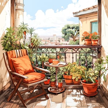Watercolor oasis A balcony garden blooms in pots, a vibrant tapestry of plant life within the apartment, a verdant escape in the heart of home