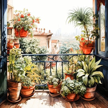 Watercolor oasis A balcony garden blooms in pots, a vibrant tapestry of plant life within the apartment, a verdant escape in the heart of home