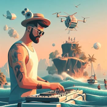 young deejay, wear glasses earphone hosting dj set at crowded beach party tropical island isometric ai generative ai art