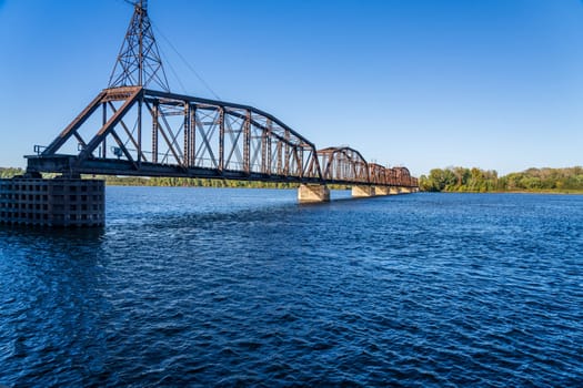 Open swing span of Louisiana railroad bridge across the upper Mississippi near the town of Louisiana in Missouri