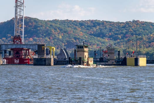 Hannibal, MO - 20 October 2023: Lock and Dam no. 12 on Upper Mississippi under renovation work to replace dam gates