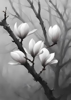 against the misty sky are white flowers on a branch, behanka. high detail, dark wood, march, magnolia stems, beautiful painting, blooming rhythm, beautiful shading, ruined nature, gray, beautiful aesthetic art, monochrome. Generate AI
