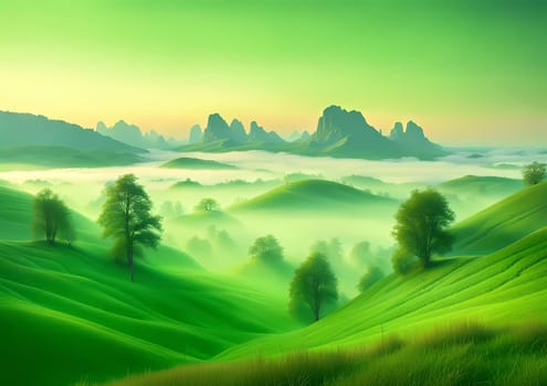 mountains with a valley in the distance and a few trees in the foreground, cheerful colors, high definition photography, in a soft green dawn, karst landscape, connectedness, layered fog, land covers lightly, hyperrealistic. Generative AI