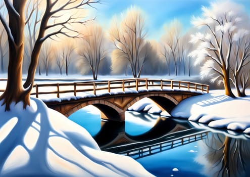 painting of a bridge over a river with snow on the ground, sunny park background, airbrush painting, unique landscape, Generative AI