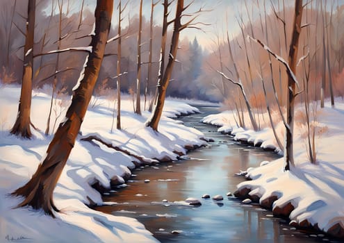painting of a snowy landscape with trees and a stream, melting in the rivers, impressionist style, calm quiet winter corner of the forest. Generative AI