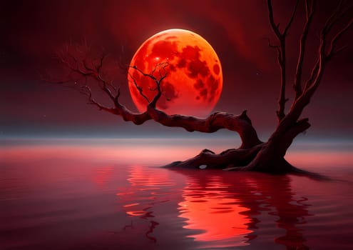 red moon reflected in the water with a tree branch, beauty, orange palette, sea of souls, red mist on the ground, very beautiful, crimson tide, floating in the desert night, realistic photo, photo taken at night, seascape, fantasy photo, red liquid, eclipse. Generative AI