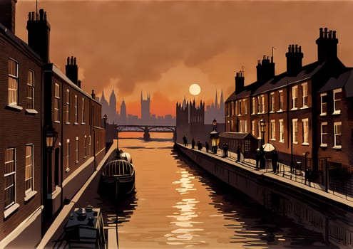 sunset over city street, Thames river, warm lantern lighting, light brown wall, chimneys, docks. Generative AI