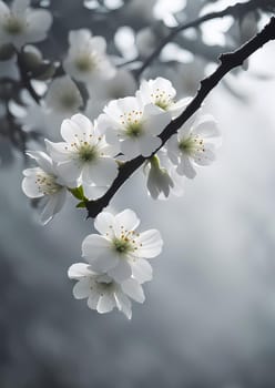 there are many white flowers on a tree branch in the fog, beautiful detail, with backlight, in beauty there is ugliness, gray background, Generative AI