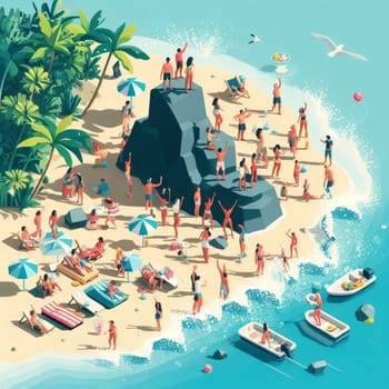 people having fun in the beach, isometric view, sea waves, 3d illustration generative ai art