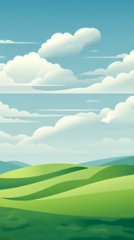 illustration of a tranquil expanse of lush green hills, under a vast canvas of billowy clouds, evoking a sense of freedom and harmony with nature - Generative AI