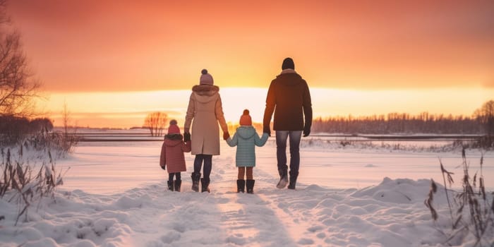 Happy family Father, mother and children are having fun and playing on snowy winter walk in nature. comeliness