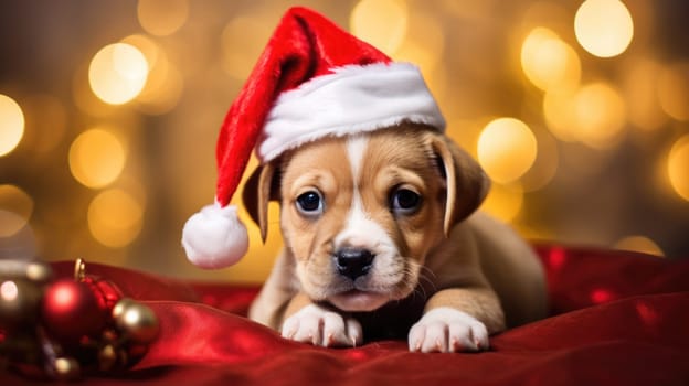 Adorable dog wearing Santa hats at room decorated for Christmas comeliness
