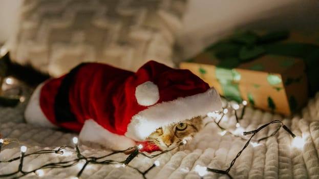A portrait of one small brown fluffy kitten in a Santa Claus costume lies on the sofa at night with a burning garland, a gift box and looks from under the hood at the camera, close-up side view.