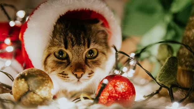 A portrait of one small brown fluffy kitten in a Santa Claus costume lies at night on a sofa with a burning garland, two Christmas tree decorations and looks from under the hood at the camera, close-up view from below.